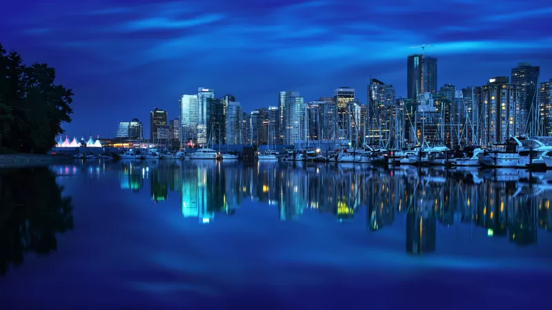 Coal Harbour, Vancouver City, Canada, Cityscape, Body of Water, Reflection, Blue background, Skyscrapers, City lights, Dusk, Boats, Skyline