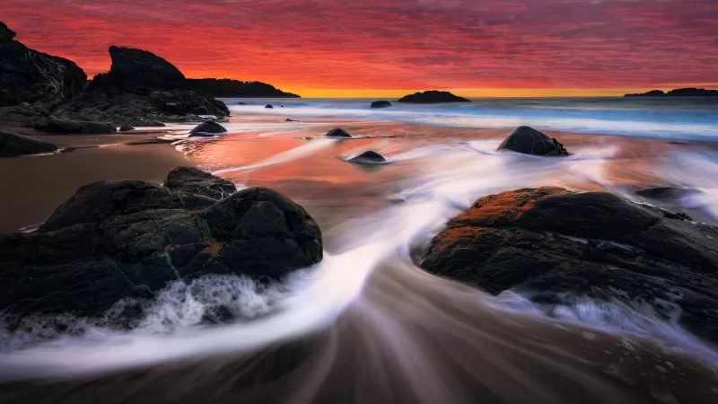 Marshall Beach, San Francisco, Sunset, Orange sky, Seascape, Long exposure, Ocean, Rocks, Scenery, Landscape