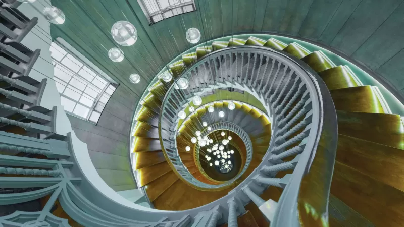 Spiral staircase, Chandelier, Wooden stairs, 5K, 8K