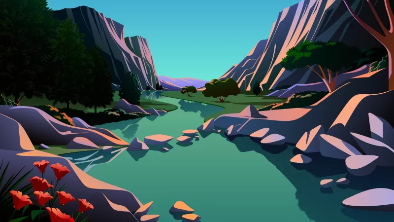Lake, Mountains, Rocks, Evening, Scenery, Illustration, macOS Big Sur, iOS 14, Stock, 5K