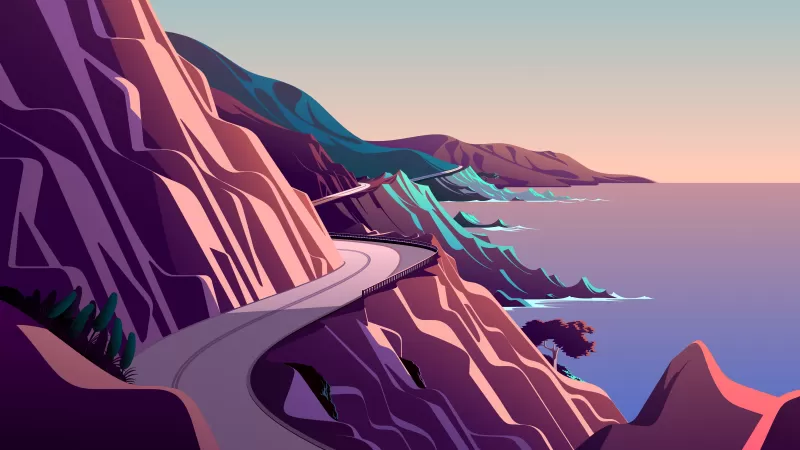 Coastline, Mountain pass, Road, Morning, Daylight, Scenery, Illustration, macOS Big Sur, iOS 14, Stock, Aesthetic, 5K