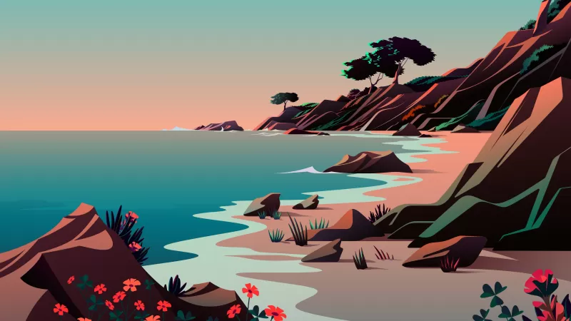 Beach, Landscape, Morning, Scenery, Illustration, macOS Big Sur, iOS 14, Stock, Aesthetic, 5K