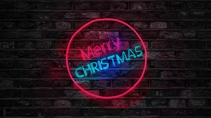 Merry Christmas, Neon, Brick wall, Dark, Colorful, Neon sign, 5K