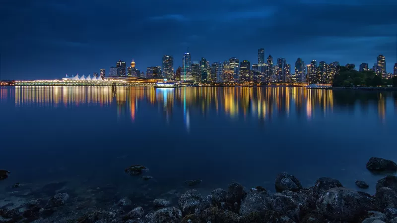 Vancouver City, Canada, Body of Water, Cityscape, City lights, Blue Sky, Night time, Skyscrapers, Reflection, Skyline, Long exposure