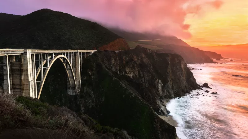 Bixby Creek Bridge, 4K wallpaper, California, Sunset, Orange sky, Big Sur, Coastline, Foggy, Landscape, Long exposure, Ocean, Architecture