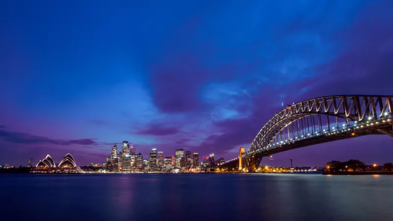 Sydney Harbour Bridge, Sydney Opera House, Metal structure, Australia, Cityscape, City lights, Purple sky, Skyscrapers, Night time, Body of Water, Dusk, 5K
