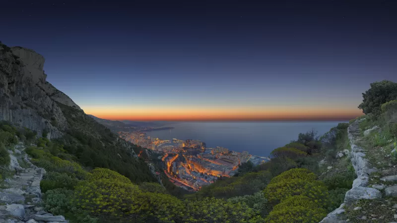 Monaco City, Sunrise, Horizon, Cityscape, City lights, Green Trees, Cliffs, Aerial view, Landscape