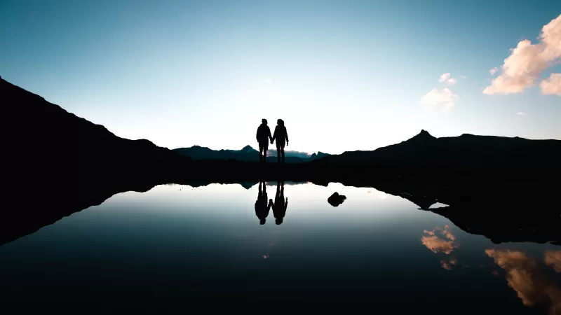Couple, Silhouette, Together, Holding hands, Romantic, Mountains, Lake, Reflection, Dusk, Evening, Switzerland, 5K