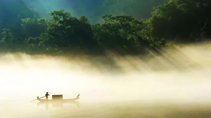 Fisherman, Misty, Forest, Green Trees, Silhouette, Countryside, Fishing boat, Landscape, Hunan Province, China, Scenery, Lake