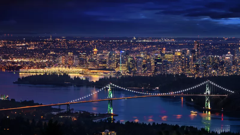 Lions Gate Bridge, Vancouver City, Canada, Cityscape, City lights, Night time, Horizon, Dark Sky, Long exposure, Suspension bridge