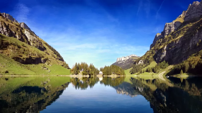 Seealpsee lake, Alpstein, Switzerland, Landscape, Reflection, Body of Water, Blue Sky, Mountains, Scenery, Lakeside