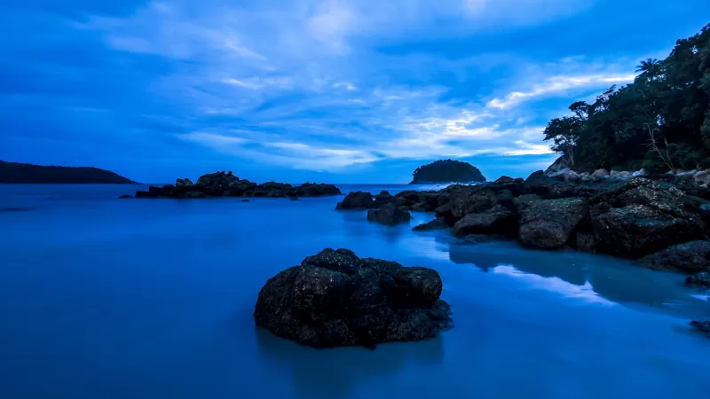 Kata Beach, Phuket, Thailand, Rocky coast, Seascape, Long exposure, Blue Sky, Twilight, Ocean, Dusk