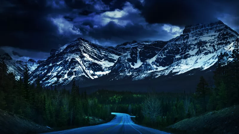 Icefields Parkway, Canadian Rockies, Dusk, Dark clouds, Stormy, Empty Road, Glacier mountains, Snow covered, Green Trees, Landscape, Scenery
