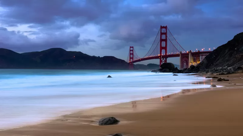 Golden Gate Bridge, Evening, Coastline, San Francisco, Baker Beach, California, Long exposure, Metal structure, Cloudy, Landmark