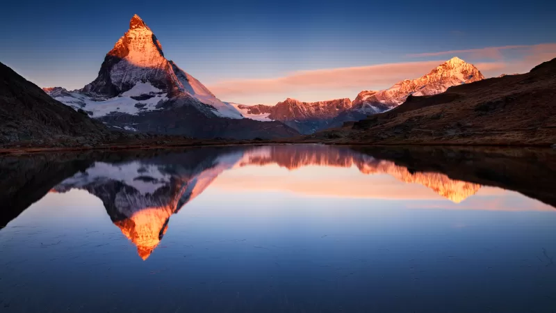 Matterhorn reflection, Riffelsee lake, Alpenglow, 4K wallpaper