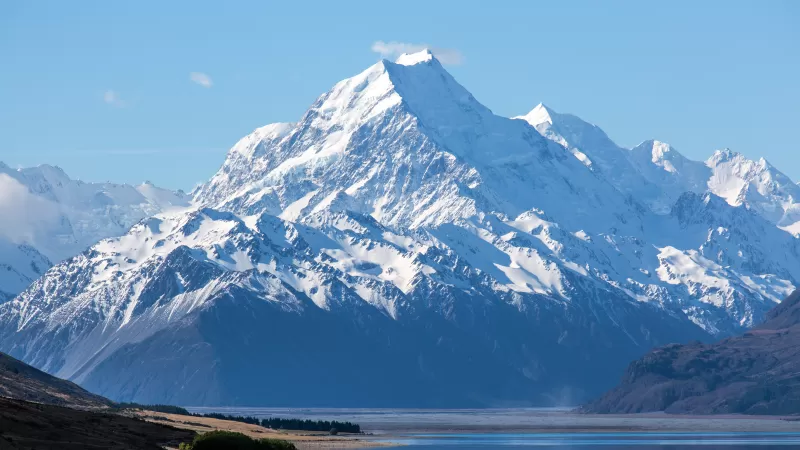 Aoraki Mount Cook, Lake Pukaki, Snowy peaks, 5K wallpaper