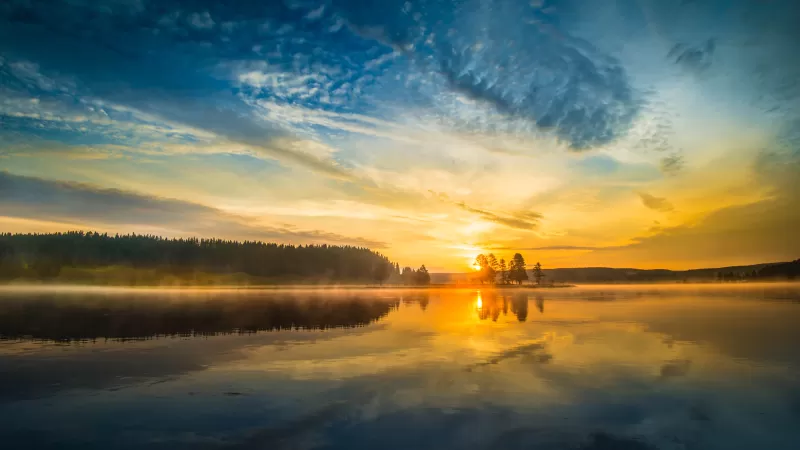 Misty lake sunrise wallpaper, Yellowstone, Golden reflection