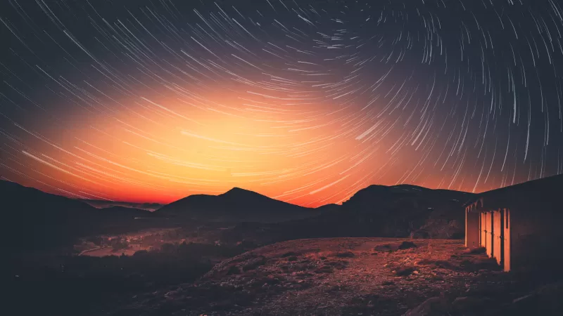 Star trails, Orange sky, Night landscape, 5K wallpaper