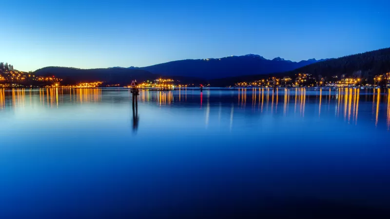 Burrard Inlet, Fjord, Canada, British Columbia, Port Moody, City lights, Seascape, Dusk, Landscape, Reflection, Long exposure, Blue Sky, Body of Water