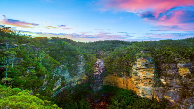 Wentworth Falls, Blue mountains, Australia, National Park, Long exposure, Sunset, Cliffs, Forest, Green Trees, Greenery, HDR, Landscape, Clear sky, 5K