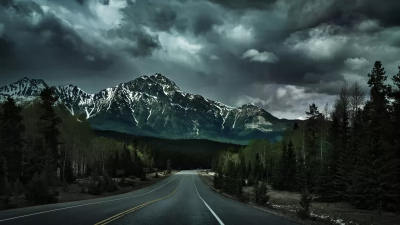 Endless Road, Canadian Rockies, Dark clouds, Stormy, Landscape, Glacier mountains, Snow covered, Green Trees, Icefields Parkway
