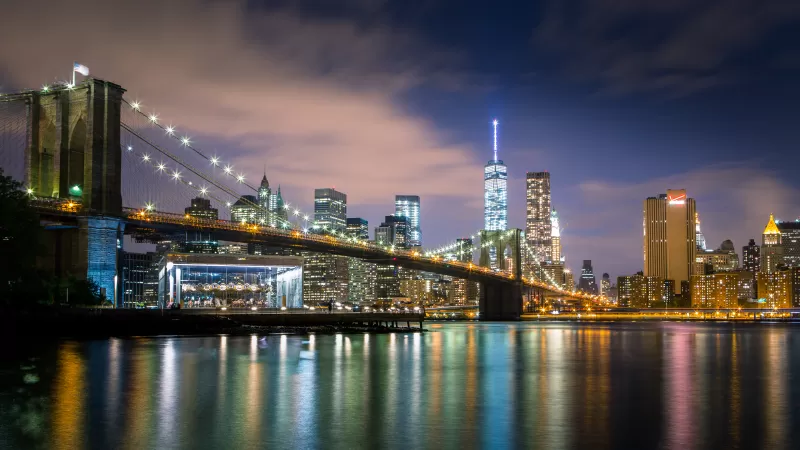 Brooklyn Bridge, New York, Cityscape, City lights, Body of Water, Reflections, Skyscrapers, Suspension bridge, Skyline, Night time