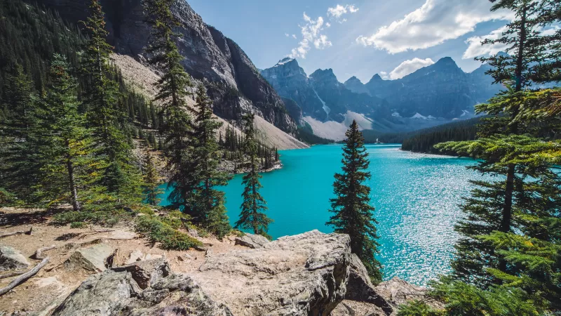 Moraine Lake, Canada, Banff National Park, Valley of the Ten Peaks, Turquoise water, Landscape, Mountain range, Clouds, Scenery, Sunny day