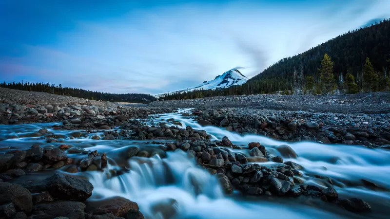 Mount Hood, Oregon, Landscape, Early Morning, Rocks, Water Stream, Long exposure, Green Trees, Blue Sky, Snow covered, Glacier mountains, 5K