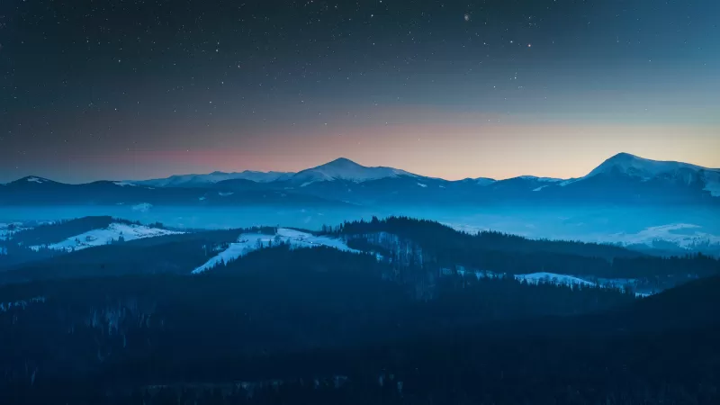 Mountain range at dusk, Starry sky, Winter forest, 4K wallpaper