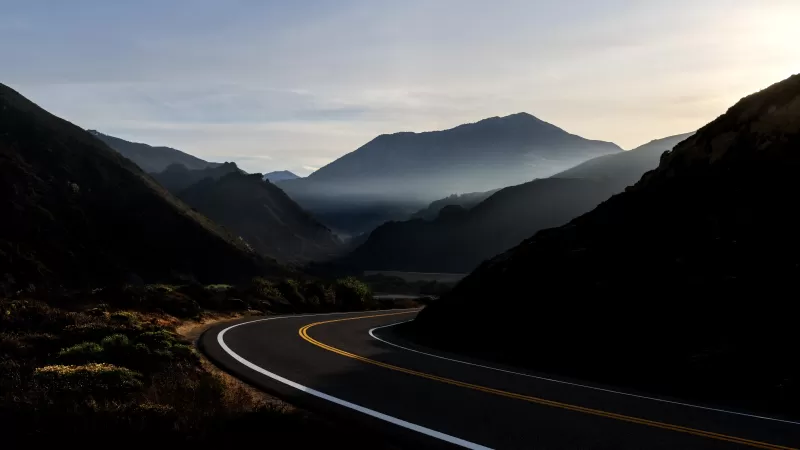 Road, Mountains, Tarmac, Sunrise, Morning, macOS Big Sur, Stock, 5K wallpaper