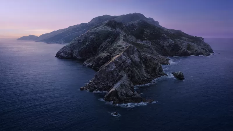 macOS Catalina, Mountains, Island, Evening, Twilight, Sunset, Stock, 5K
