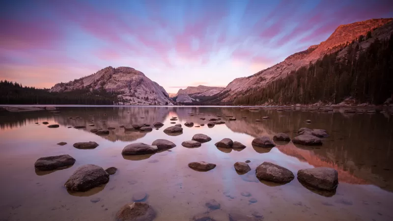 OS X Yosemite, Yosemite National Park, Lake, Rocks, Evening, Reflections, Mountains, California, Stock