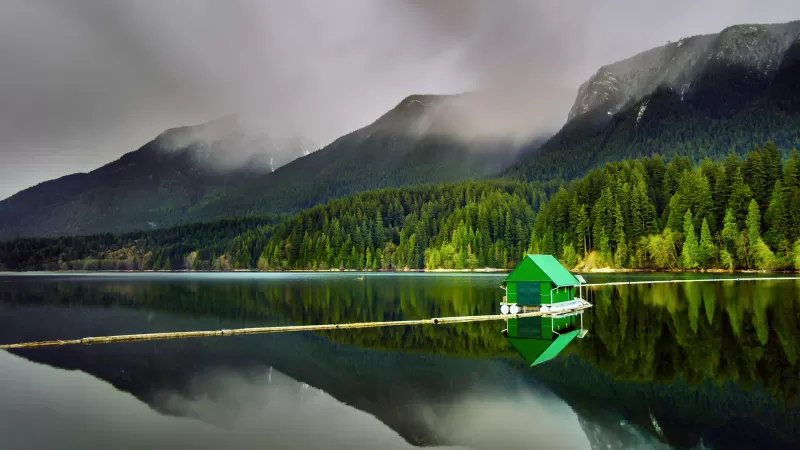 Floating Cabin, Capilano Lake, North Vancouver, Landscape, Green Trees, Mountains, Reflection, Body of Water, Foggy