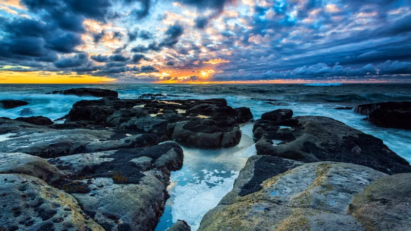 Stormy Clouds, Rocky coast, Seascape, Waves, Sunset, Horizon, Landscape