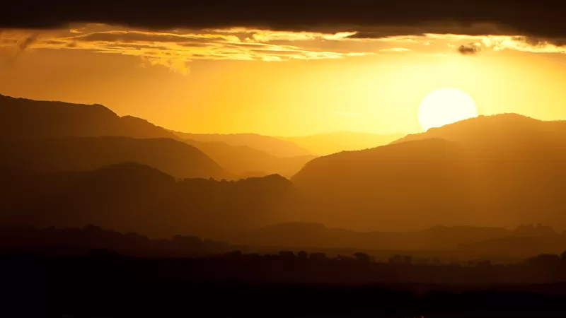 Golden sunset, Hazy hills, Mountain silhouette, 4K wallpaper