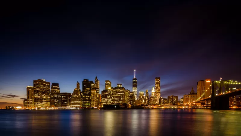 New York City, Skyline, Brooklyn Bridge Park, Waterfront, Night time, Cityscape, City lights, Reflection, Long exposure, Skyscrapers
