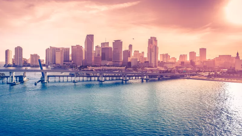 Miami skyline wallpaper, Biscayne Bay, Pink sunset
