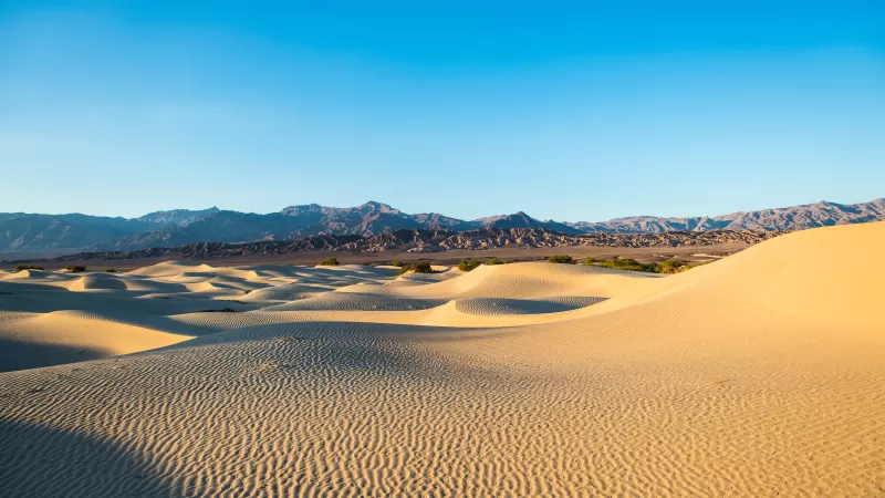 Death Valley, Desert, California, Sand Dunes, Blue Sky, Mountain range, Sunrise, Landscape, Clear sky, 5K