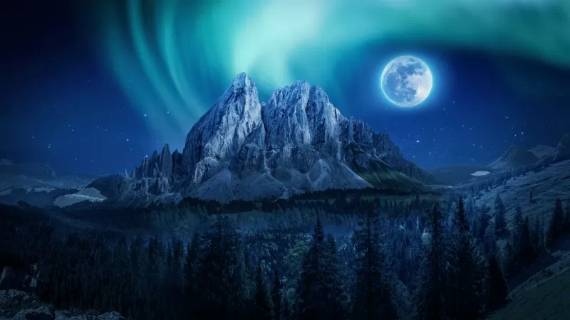 Moon, Aurora Borealis, Mountains, Winter, Forest, Night