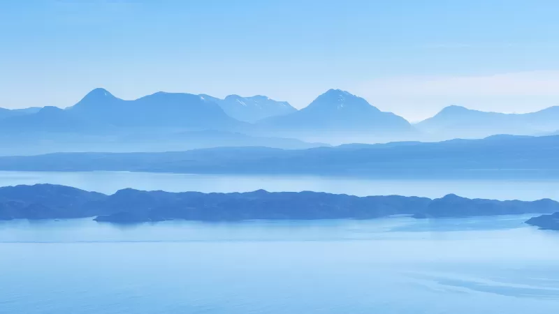 Isle of Skye, Scotland, Island, Mountain range, Wester Ross, Sound of Raasay, Foggy, Blue Sky, Panorama, Landscape, Scenery, 5K