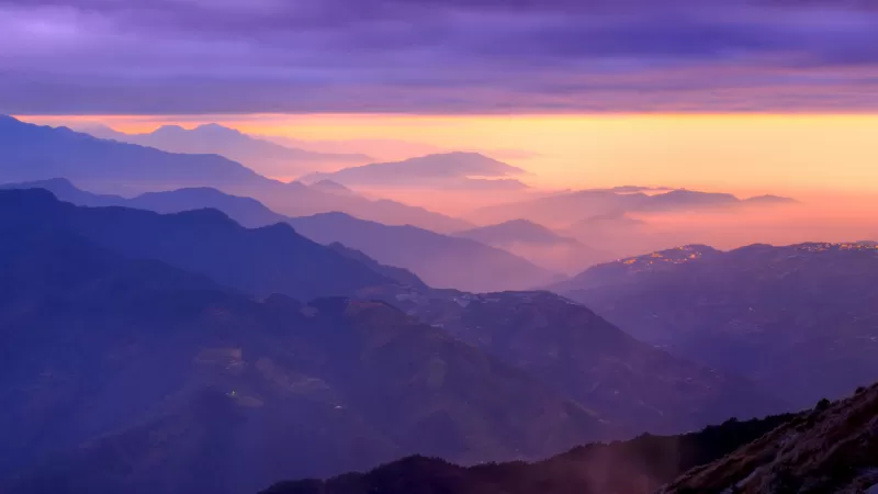 Mountain range, Sunset, Purple sky, Foggy, Clouds, Landscape, Aerial view
