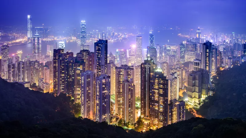 Victoria Peak, Hong Kong City, Cityscape, Night time, City lights, Landscape, Skyline, Skyscrapers, Harbor, 5K, 8K