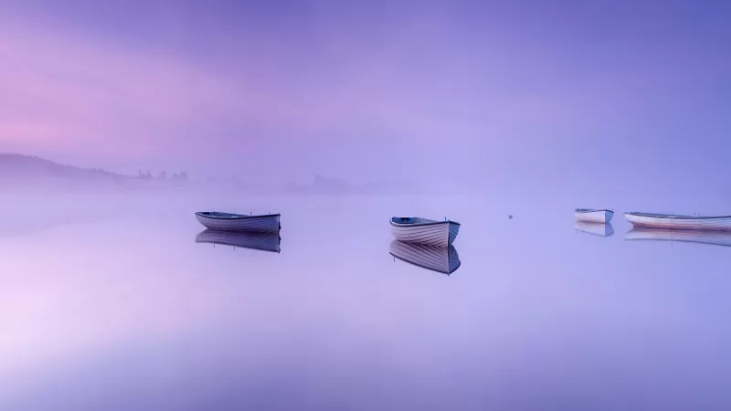 Loch Rusky, Scotland, Boats, Foggy, Mirror Lake, Reflection, Purple background, Scenery, Landscape, 5K