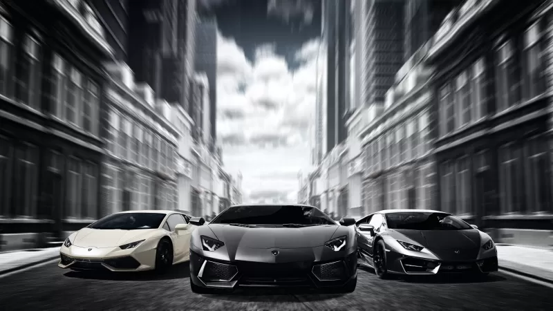 Lamborghini Aventador and Huracán wallpaper, City street, Black and white, Motion blur