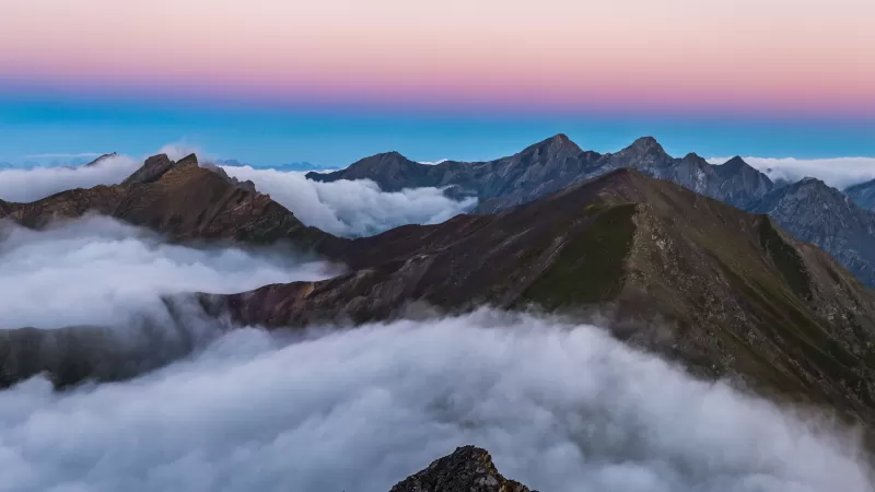 Davos sea of clouds wallpaper, Swiss Alps, Pink sunrise