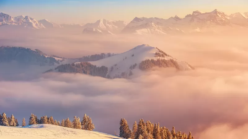 Rigi Kulm, Mount Rigi, Mountain range, Landscape, Snow covered, Winter, Switzerland, Foggy