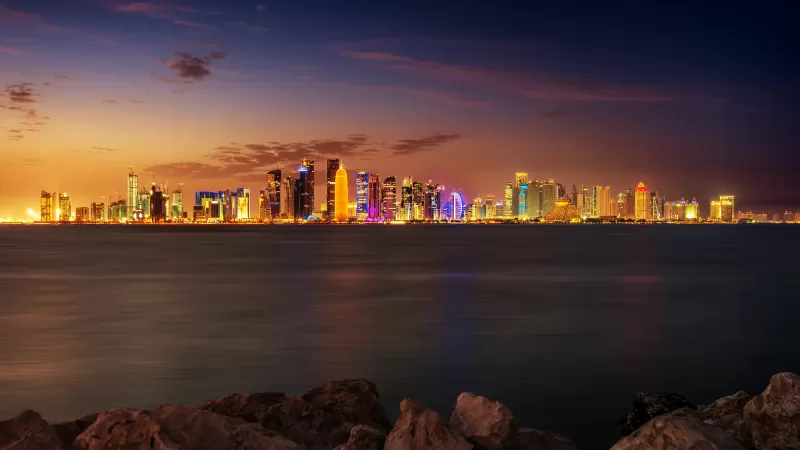 Doha skyline wallpaper, Qatar, Night city lights