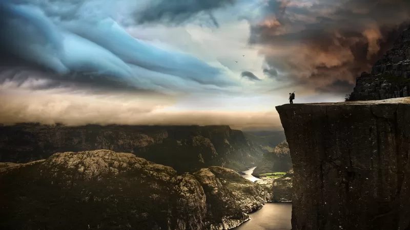 Pulpit Rock, Preikestolen cliff, Norway, Cloudy Sky, Mountains, Landscape, Stormy, Famous Place, Tourist attraction