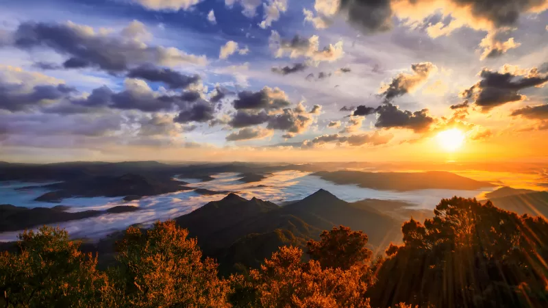 Mount Warning sunset, Wollumbin, Sea of clouds, 4K wallpaper