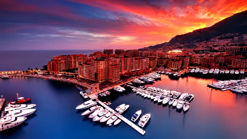Port Fontvieille, Monaco City, Yacht, Red Sky, Boats, Body of Water, Long exposure, Reflection, Sunset